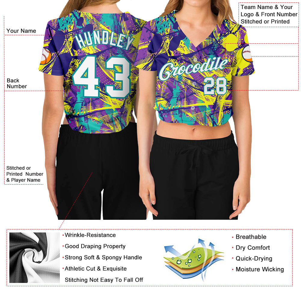 Custom Women's Graffiti Pattern White-Aqua Abstract Urban 3D V-Neck Cropped Baseball Jersey - Sky-Custom
