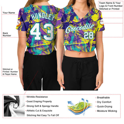 Custom Women's Graffiti Pattern White-Aqua Abstract Urban 3D V-Neck Cropped Baseball Jersey - Sky-Custom