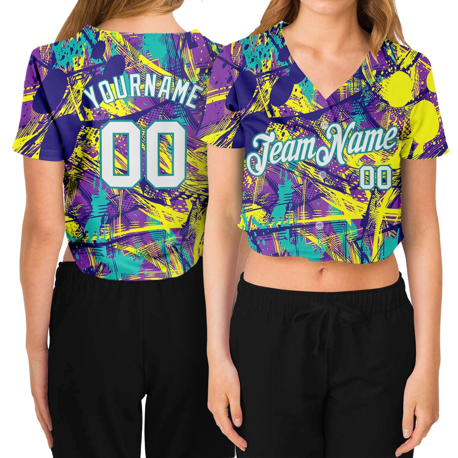 Custom Women's Graffiti Pattern White-Aqua Abstract Urban 3D V-Neck Cropped Baseball Jersey - Sky-Custom