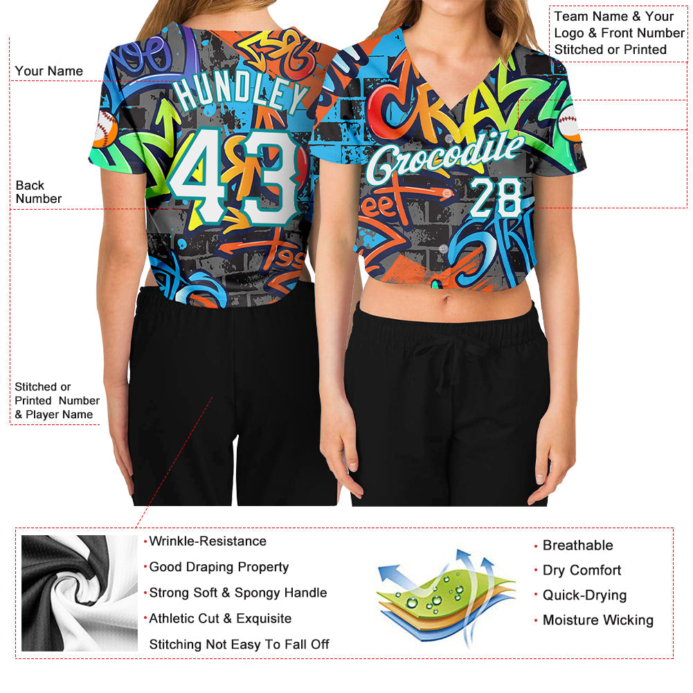 Custom Women's Graffiti Pattern White-Aqua Geometric 3D V-Neck Cropped Baseball Jersey - Sky-Custom