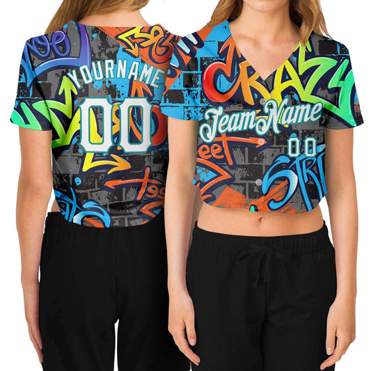 Custom Women's Graffiti Pattern White-Aqua Geometric 3D V-Neck Cropped Baseball Jersey - Sky-Custom