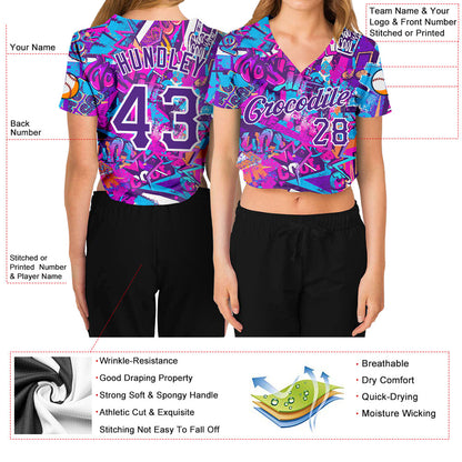 Custom Women's Graffiti Pattern Purple-White Words 3D V-Neck Cropped Baseball Jersey - Sky-Custom