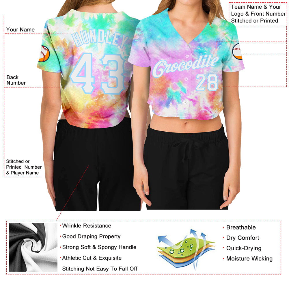 Custom Women's Tie Dye White-Light Blue Rainbow 3D V-Neck Cropped Baseball Jersey - Sky-Custom