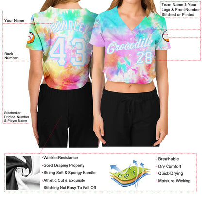 Custom Women's Tie Dye White-Light Blue Rainbow 3D V-Neck Cropped Baseball Jersey - Sky-Custom