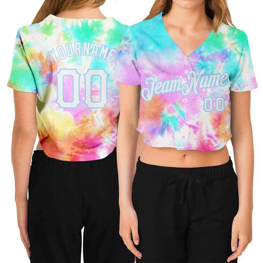 Custom Women's Tie Dye White-Light Blue Rainbow 3D V-Neck Cropped Baseball Jersey - Sky-Custom