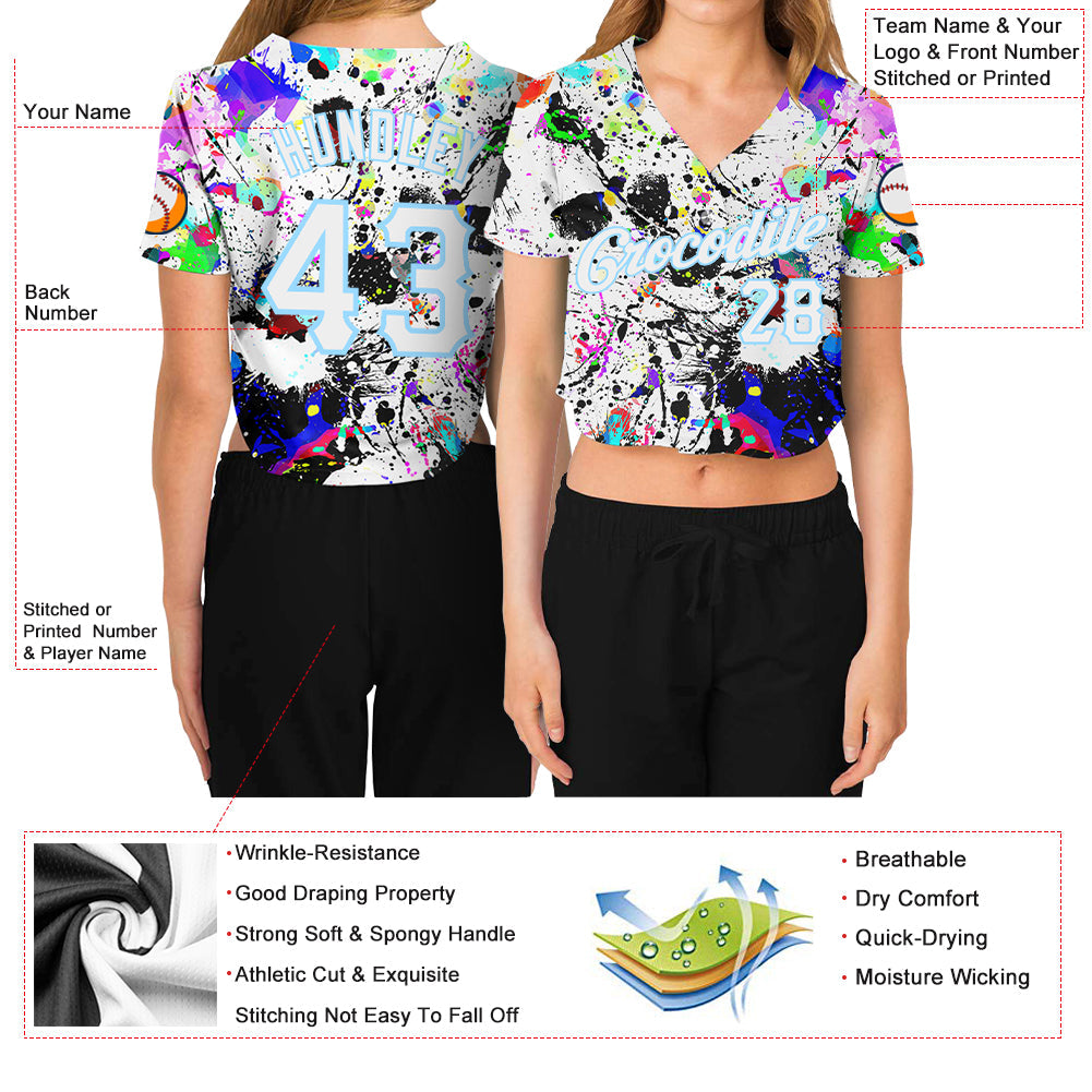 Custom Women's Graffiti Pattern White-Light Blue Splashes 3D V-Neck Cropped Baseball Jersey - Sky-Custom