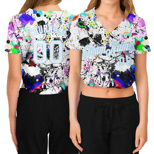 Custom Women's Graffiti Pattern White-Light Blue Splashes 3D V-Neck Cropped Baseball Jersey - Sky-Custom