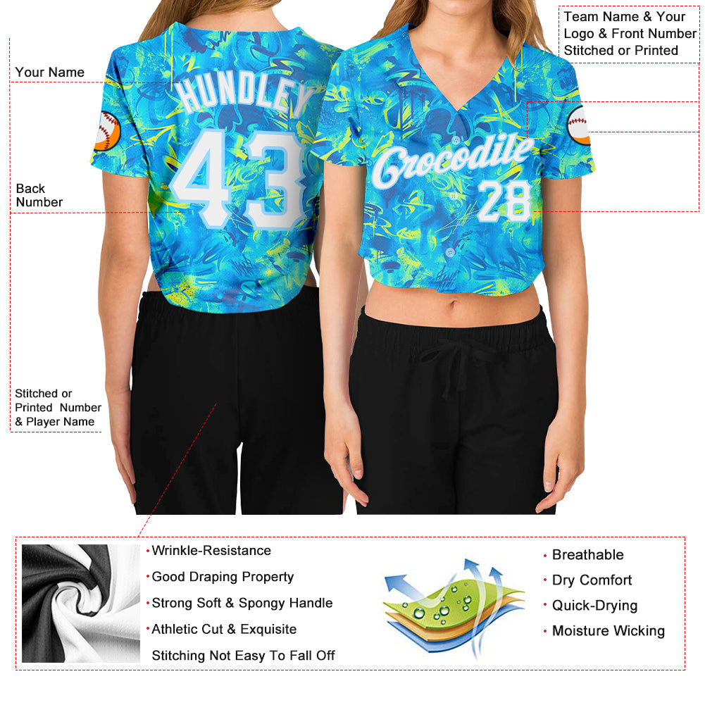 Custom Women's Graffiti Pattern White-Light Blue Scratch 3D V-Neck Cropped Baseball Jersey - Sky-Custom