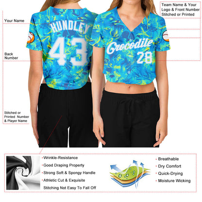 Custom Women's Graffiti Pattern White-Light Blue Scratch 3D V-Neck Cropped Baseball Jersey - Sky-Custom