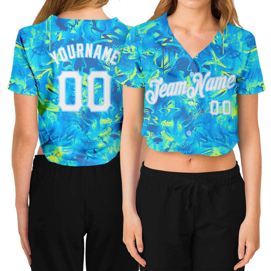 Custom Women's Graffiti Pattern White-Light Blue Scratch 3D V-Neck Cropped Baseball Jersey - Sky-Custom