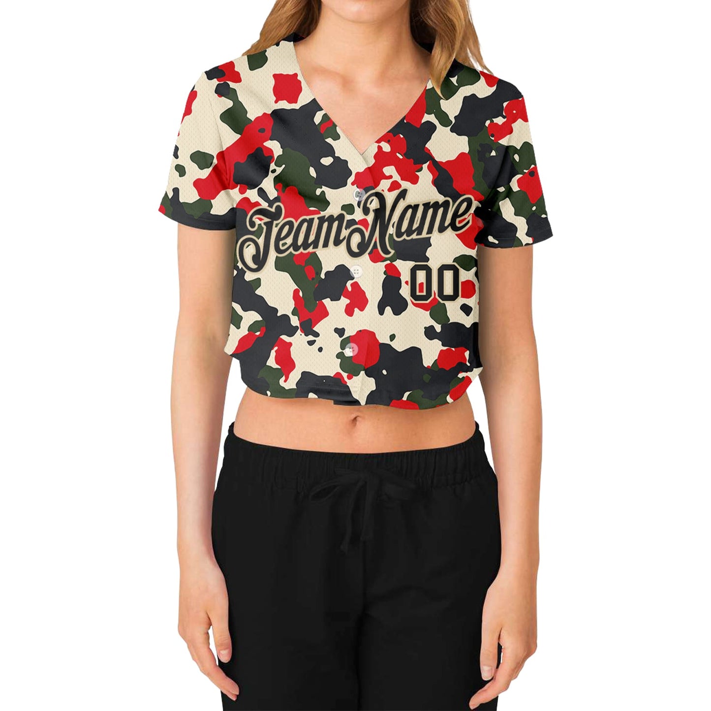 Custom Women's Camo Black-Cream Salute To Service V-Neck Cropped Baseball Jersey - Sky-Custom