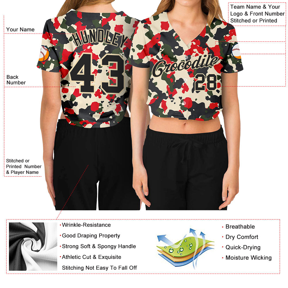 Custom Women's Camo Black-Cream Salute To Service V-Neck Cropped Baseball Jersey - Sky-Custom
