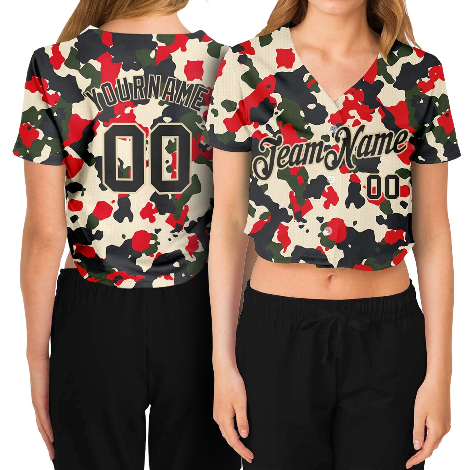 Custom Women's Camo Black-Cream Salute To Service V-Neck Cropped Baseball Jersey - Sky-Custom