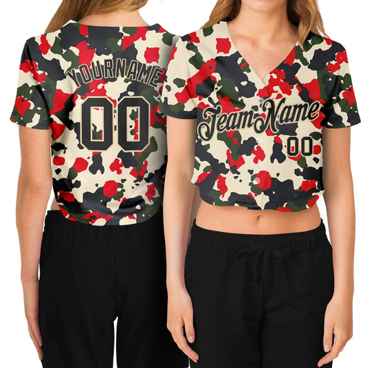 Custom Women's Camo Black-Cream Salute To Service V-Neck Cropped Baseball Jersey - Sky-Custom