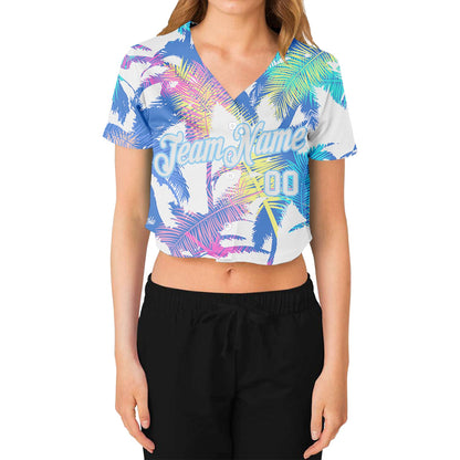 Custom Women's White White-Light Blue Hawaii Palm Trees 3D V-Neck Cropped Baseball Jersey - Sky-Custom