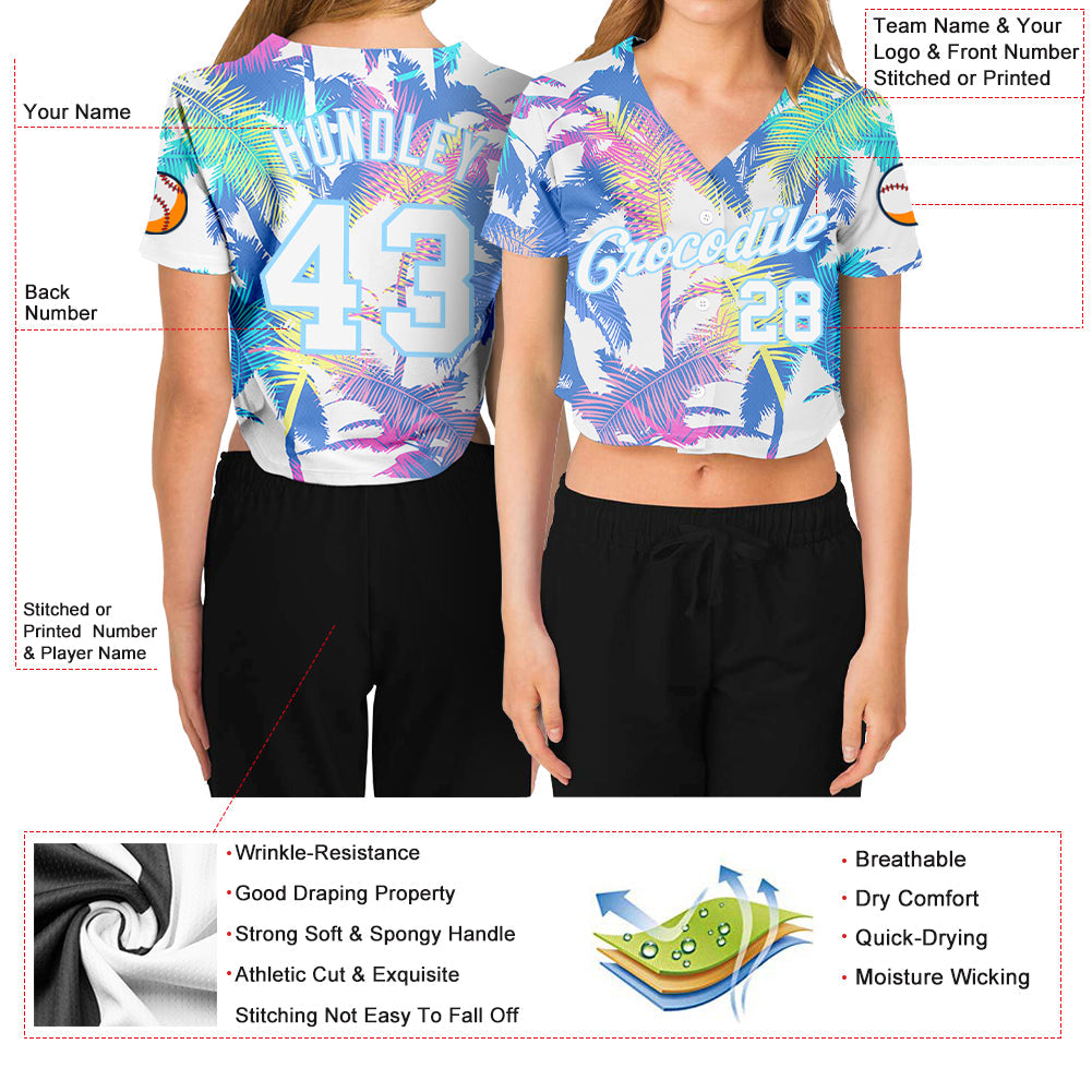 Custom Women's White White-Light Blue Hawaii Palm Trees 3D V-Neck Cropped Baseball Jersey - Sky-Custom