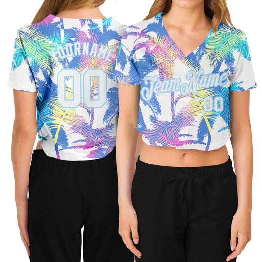 Custom Women's White White-Light Blue Hawaii Palm Trees 3D V-Neck Cropped Baseball Jersey - Sky-Custom