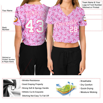 Custom Women's Pink White Breast Cancer 3D V-Neck Cropped Baseball Jersey - Sky-Custom