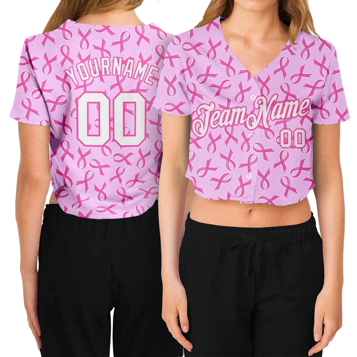 Custom Women's Pink White Breast Cancer 3D V-Neck Cropped Baseball Jersey - Sky-Custom