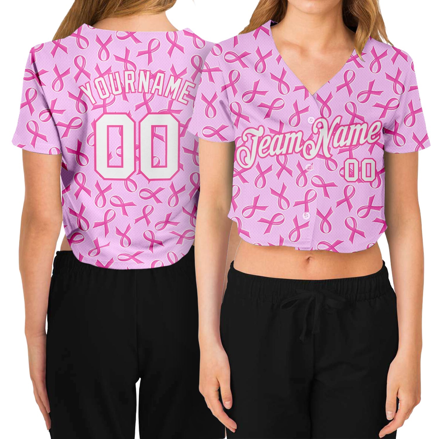 Custom Women's Pink White Breast Cancer 3D V-Neck Cropped Baseball Jersey - Sky-Custom
