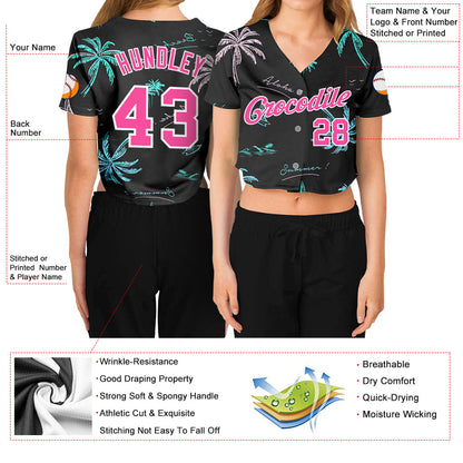 Custom Women's Black Pink-White Hawaii Palm Trees 3D V-Neck Cropped Baseball Jersey - Sky-Custom