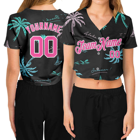 Custom Women's Black Pink-White Hawaii Palm Trees 3D V-Neck Cropped Baseball Jersey - Sky-Custom
