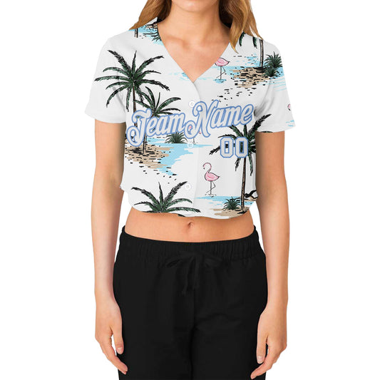 Custom Women's White White-Light Blue Hawaii Palm Trees 3D V-Neck Cropped Baseball Jersey - Sky-Custom