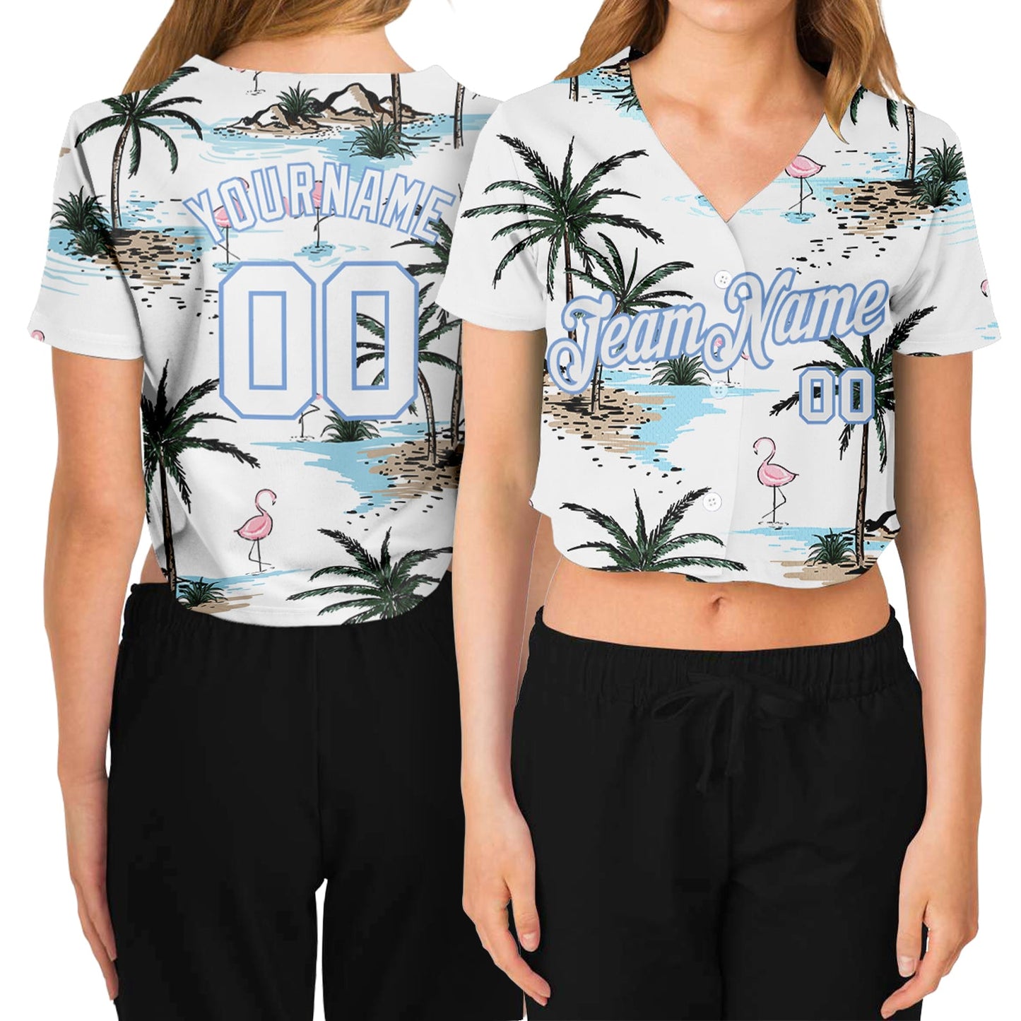 Custom Women's White White-Light Blue Hawaii Palm Trees 3D V-Neck Cropped Baseball Jersey - Sky-Custom