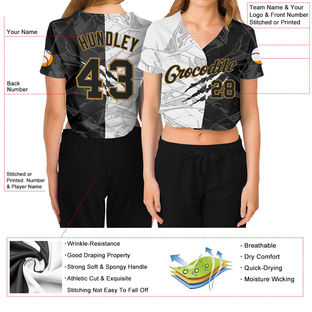 Custom Women's Graffiti Pattern Black-Old Gold Scratch 3D V-Neck Cropped Baseball Jersey - Sky-Custom