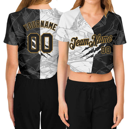 Custom Women's Graffiti Pattern Black-Old Gold Scratch 3D V-Neck Cropped Baseball Jersey - Sky-Custom