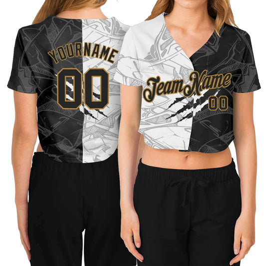 Custom Women's Graffiti Pattern Black-Old Gold Scratch 3D V-Neck Cropped Baseball Jersey - Sky-Custom