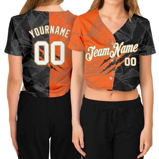 Custom Women's Graffiti Pattern White-Old Gold Scratch 3D V-Neck Cropped Baseball Jersey - Sky-Custom