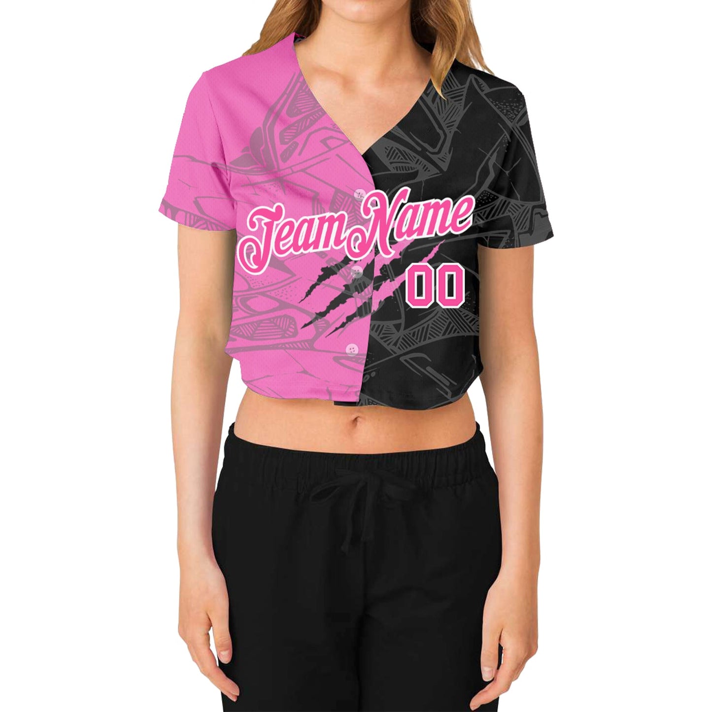 Custom Women's Graffiti Pattern Pink-White Scratch 3D V-Neck Cropped Baseball Jersey - Sky-Custom