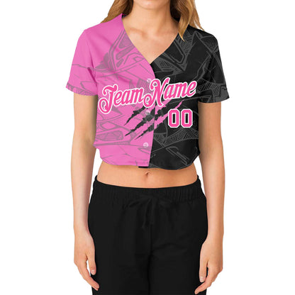 Custom Women's Graffiti Pattern Pink-White Scratch 3D V-Neck Cropped Baseball Jersey - Sky-Custom