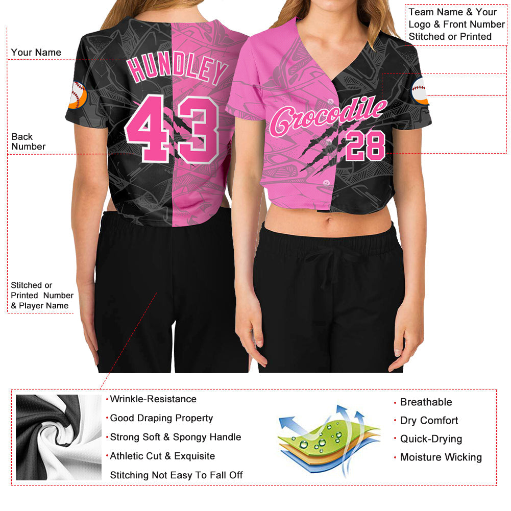 Custom Women's Graffiti Pattern Pink-White Scratch 3D V-Neck Cropped Baseball Jersey - Sky-Custom