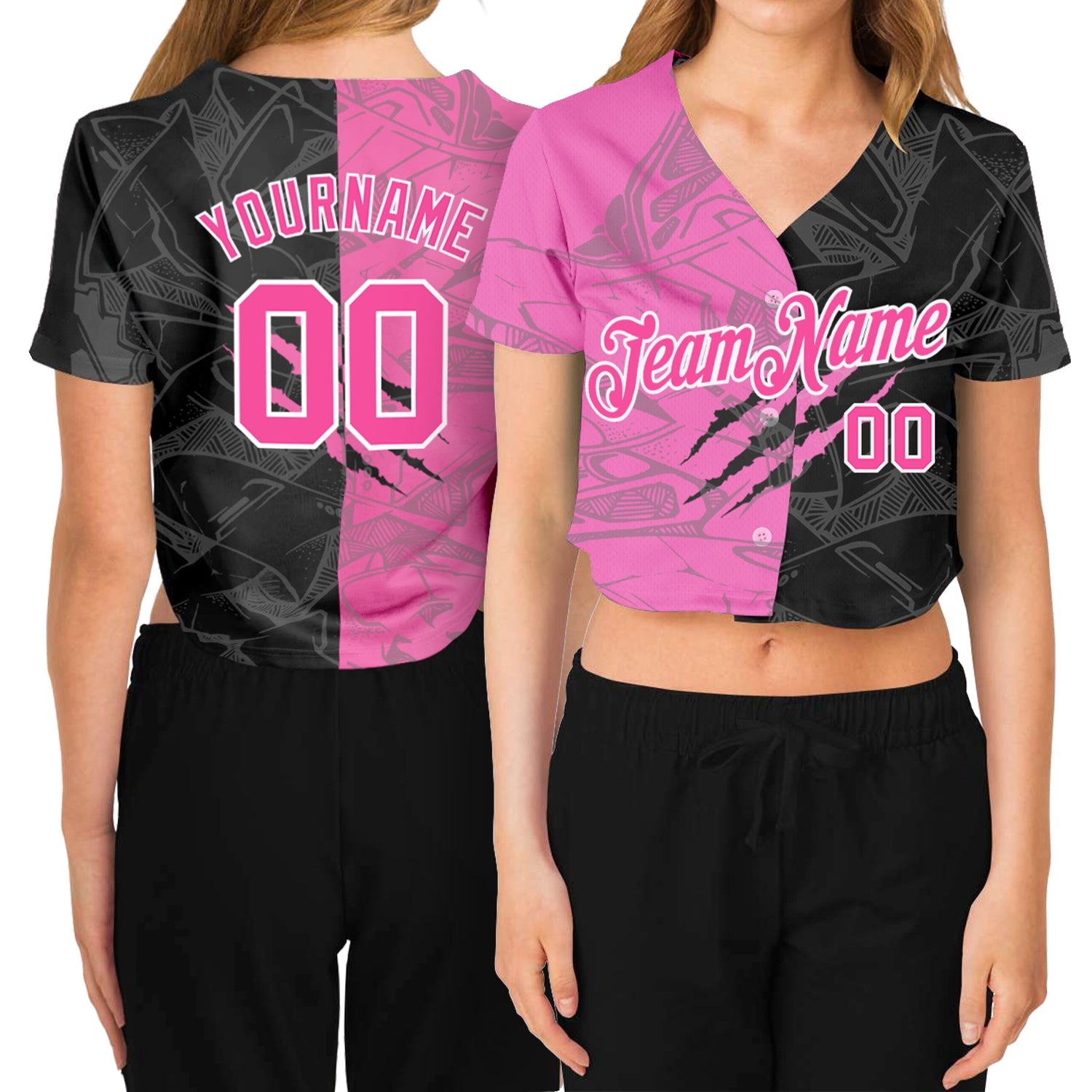 Custom Women's Graffiti Pattern Pink-White Scratch 3D V-Neck Cropped Baseball Jersey - Sky-Custom