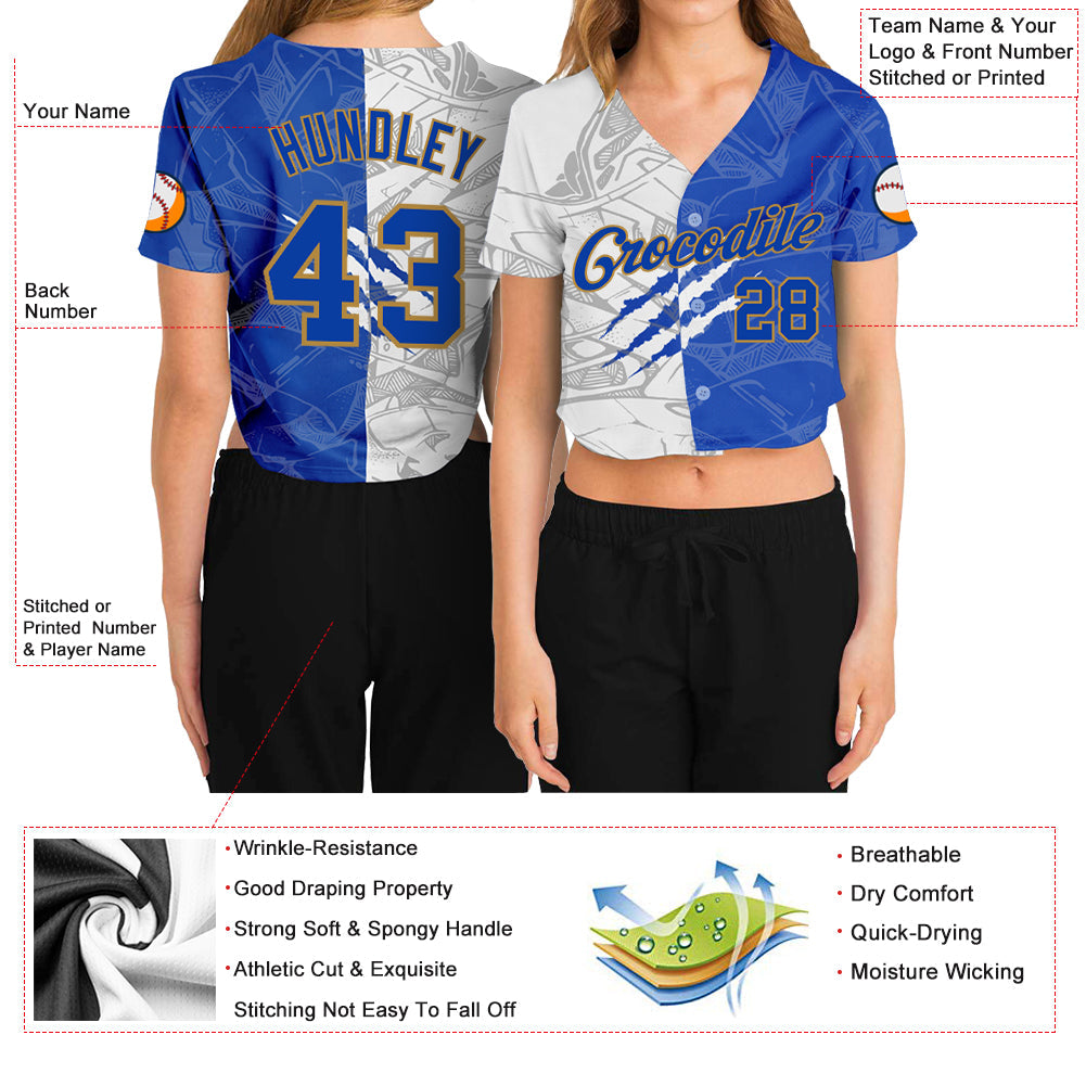 Custom Women's Graffiti Pattern Royal-Old Gold Scratch 3D V-Neck Cropped Baseball Jersey - Sky-Custom