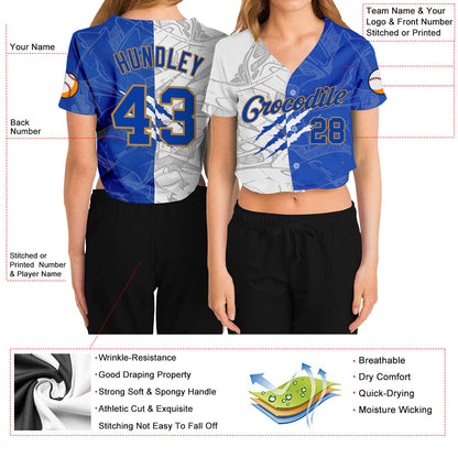 Custom Women's Graffiti Pattern Royal-Old Gold Scratch 3D V-Neck Cropped Baseball Jersey - Sky-Custom