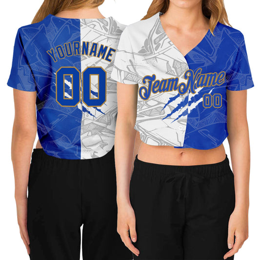 Custom Women's Graffiti Pattern Royal-Old Gold Scratch 3D V-Neck Cropped Baseball Jersey - Sky-Custom