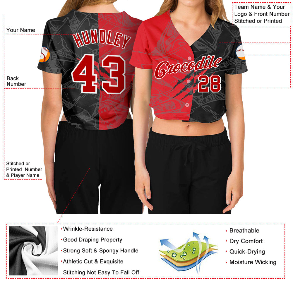 Custom Women's Graffiti Pattern Red-White Scratch 3D V-Neck Cropped Baseball Jersey - Sky-Custom