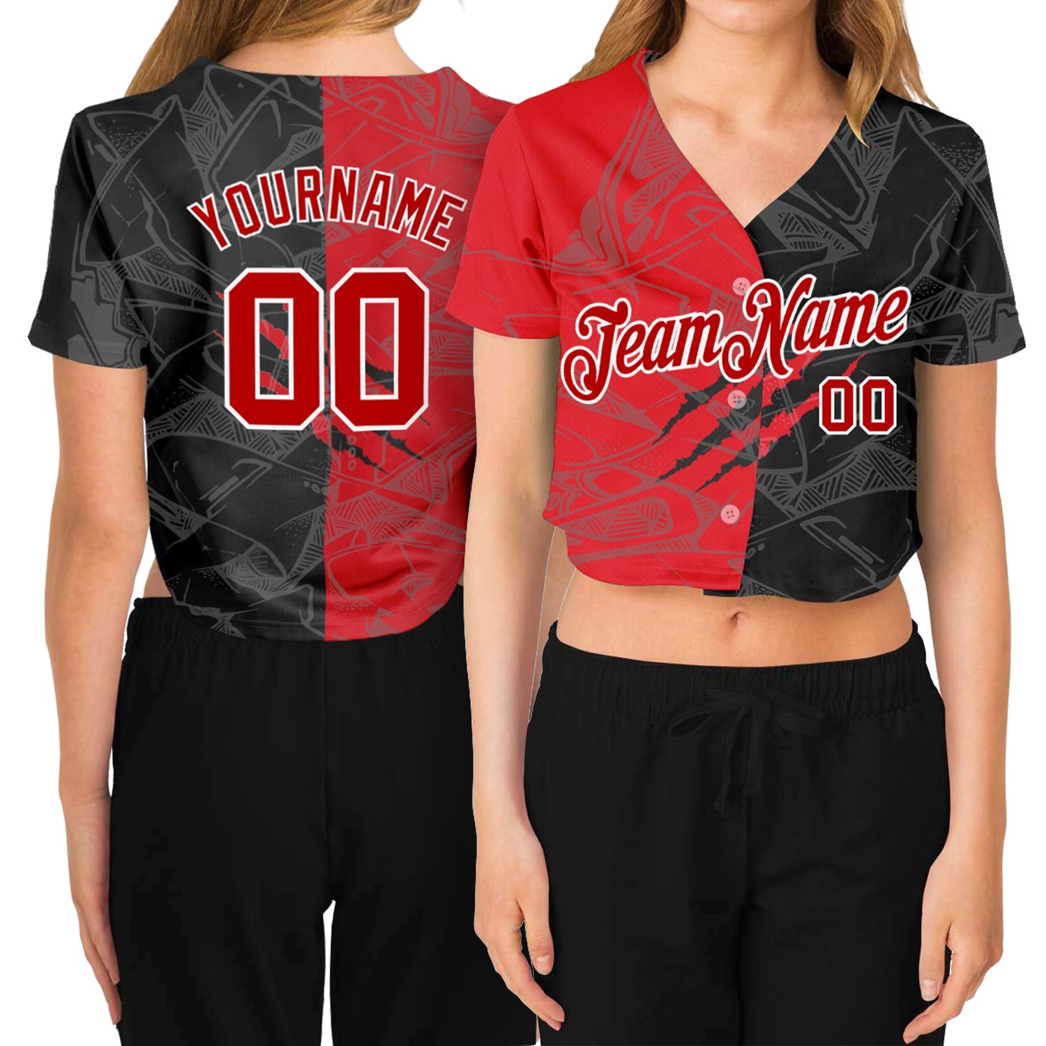 Custom Women's Graffiti Pattern Red-White Scratch 3D V-Neck Cropped Baseball Jersey - Sky-Custom