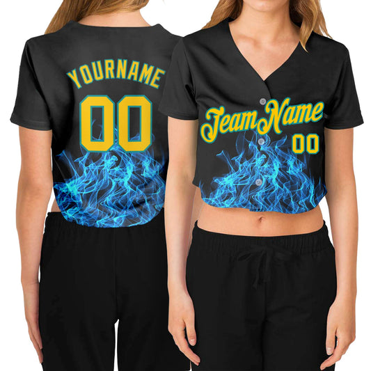 Custom Women's Black Gold-Aqua Flame 3D V-Neck Cropped Baseball Jersey - Sky-Custom