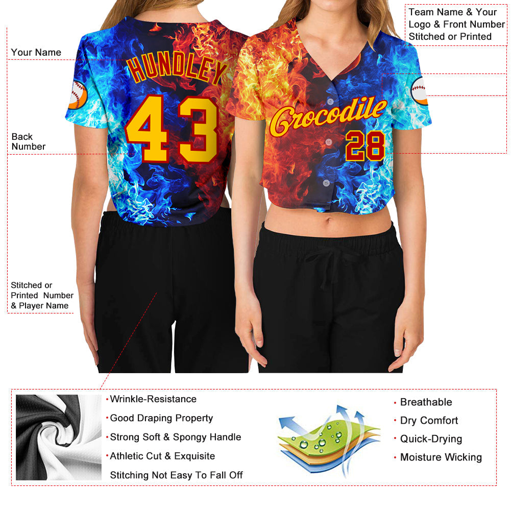 Custom Women's Red Gold Royal-Light Blue Flame 3D V-Neck Cropped Baseball Jersey - Sky-Custom