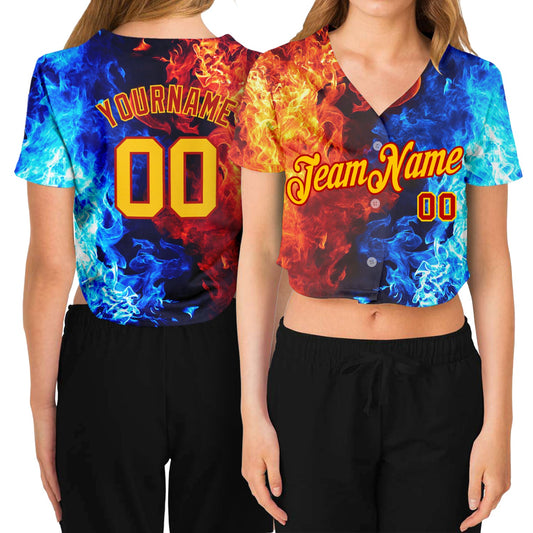 Custom Women's Red Gold Royal-Light Blue Flame 3D V-Neck Cropped Baseball Jersey - Sky-Custom