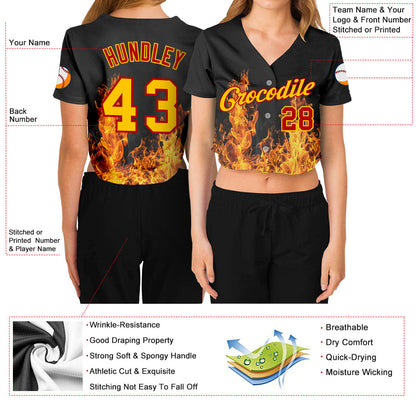 Custom Women's Black Gold-Red Flame 3D V-Neck Cropped Baseball Jersey - Sky-Custom
