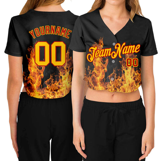Custom Women's Black Gold-Red Flame 3D V-Neck Cropped Baseball Jersey - Sky-Custom