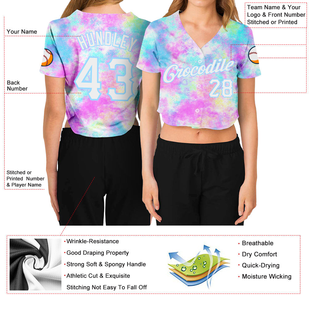 Custom Women's Tie Dye White-Light Blue Watercolor Gradient 3D V-Neck Cropped Baseball Jersey - Sky-Custom