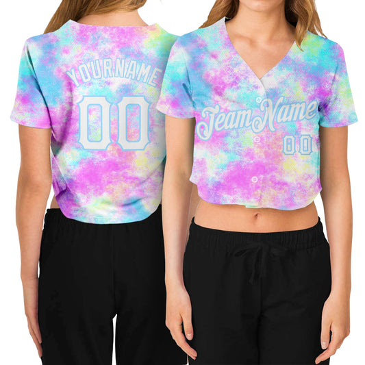 Custom Women's Tie Dye White-Light Blue Watercolor Gradient 3D V-Neck Cropped Baseball Jersey - Sky-Custom