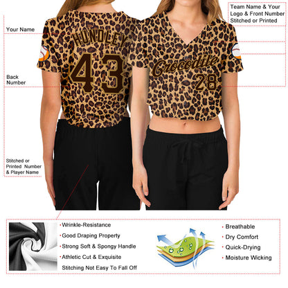Custom Women's Brown Brown-Old Gold Leopard 3D V-Neck Cropped Baseball Jersey - Sky-Custom