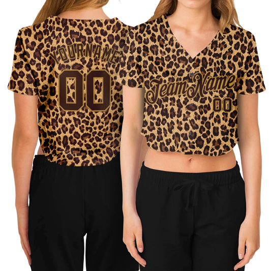 Custom Women's Brown Brown-Old Gold Leopard 3D V-Neck Cropped Baseball Jersey - Sky-Custom
